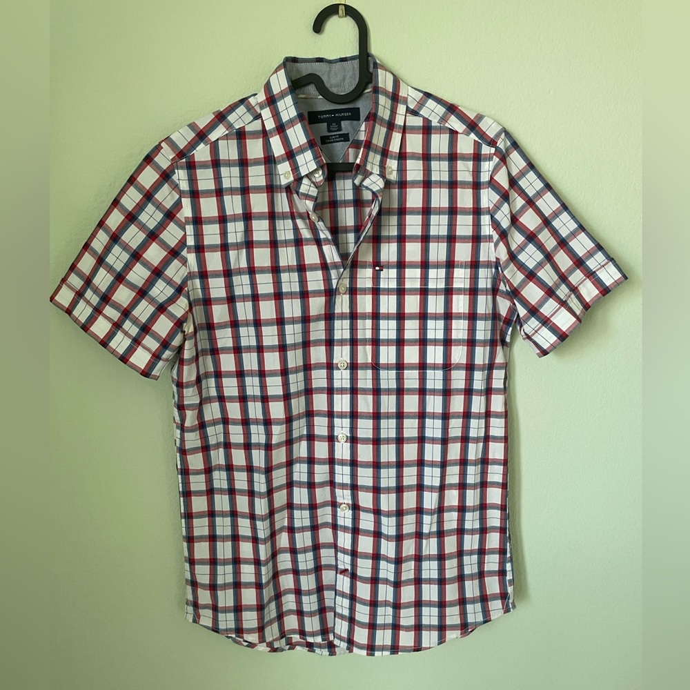 Tommy Hilfiger Men's Red and Blue Shortsleeved Shirt, XS, Slim Fit